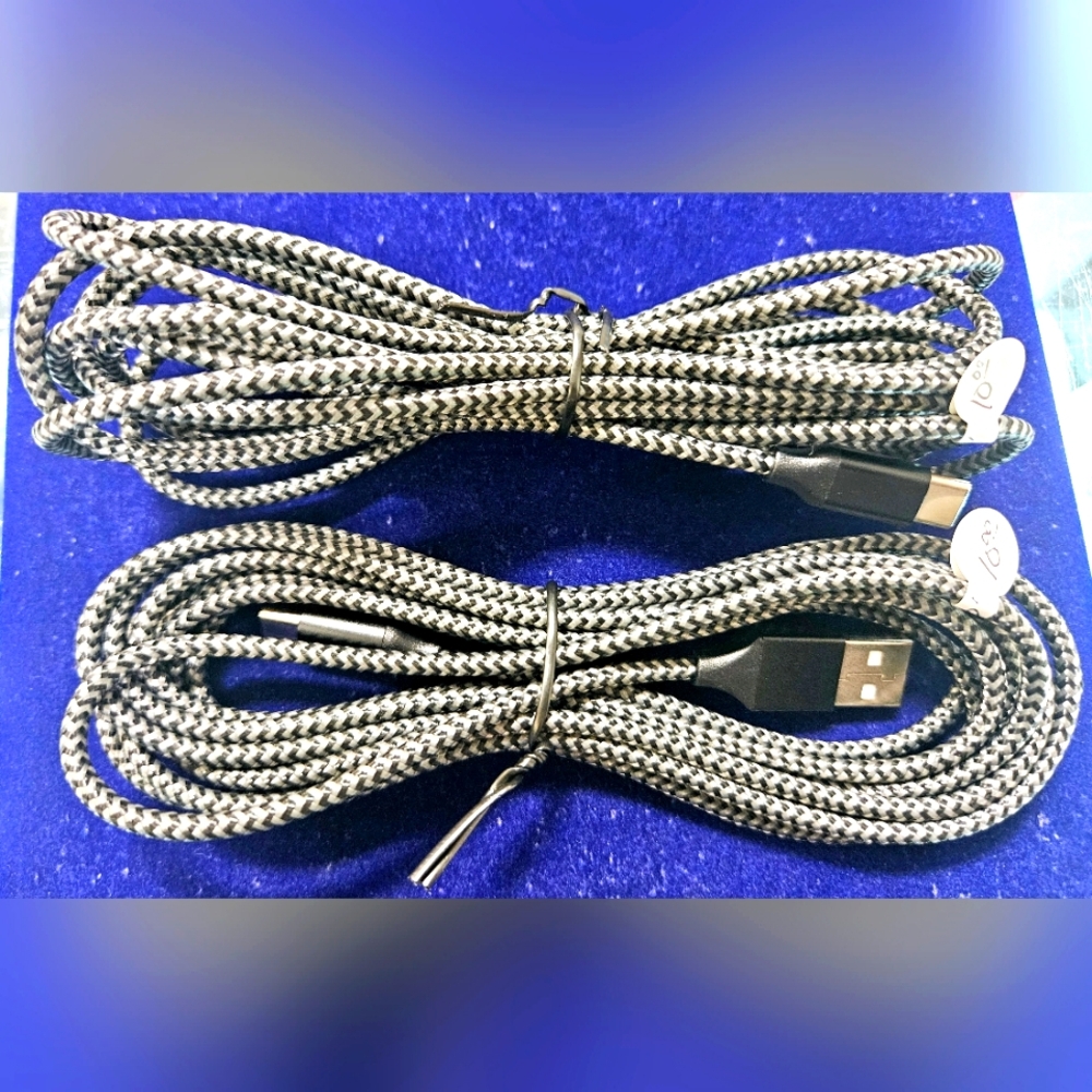 2 New 10ft USB to C Charging Cords, Braided Gray/Black
